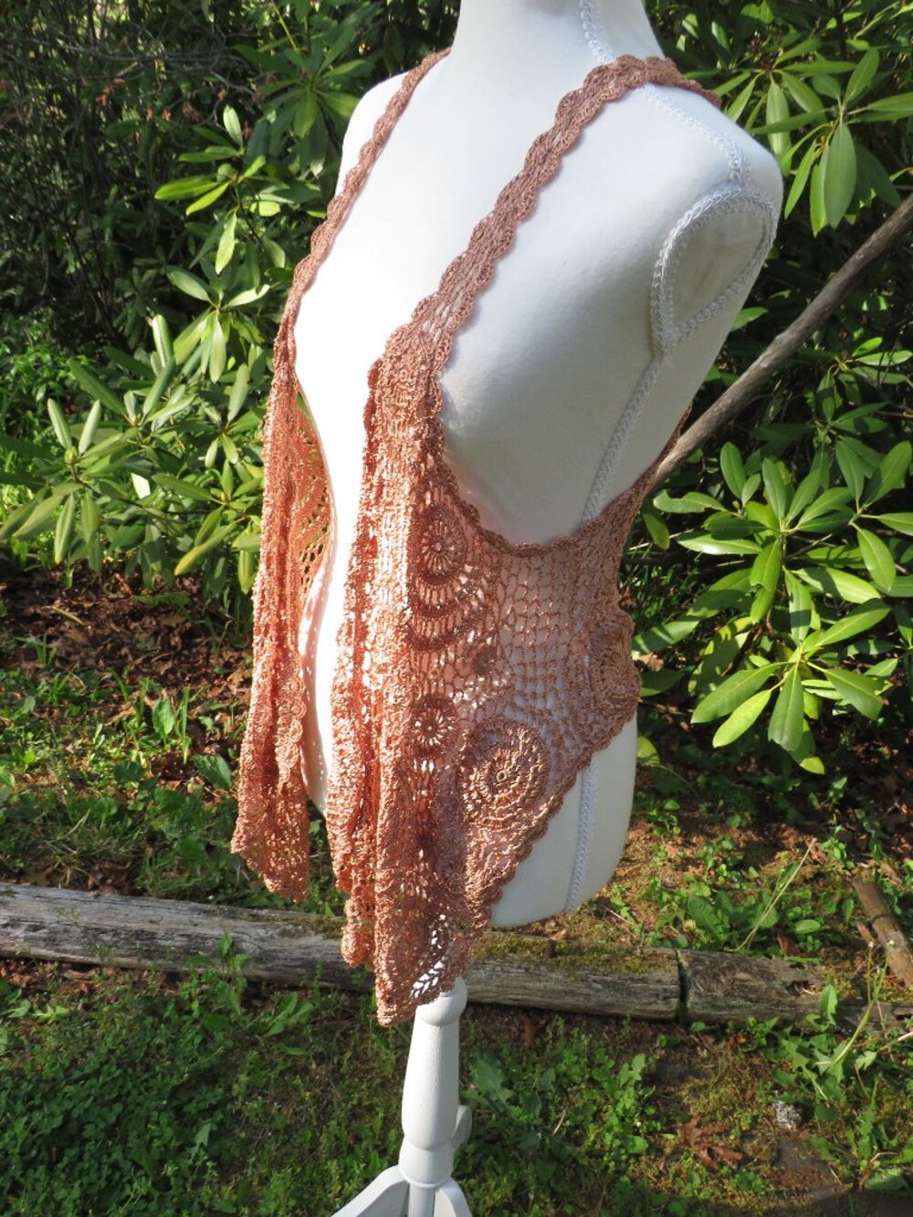 Daytrip Metallic Copper Crochet Vest XS – Boho Festival Open‑Knit Layering Top